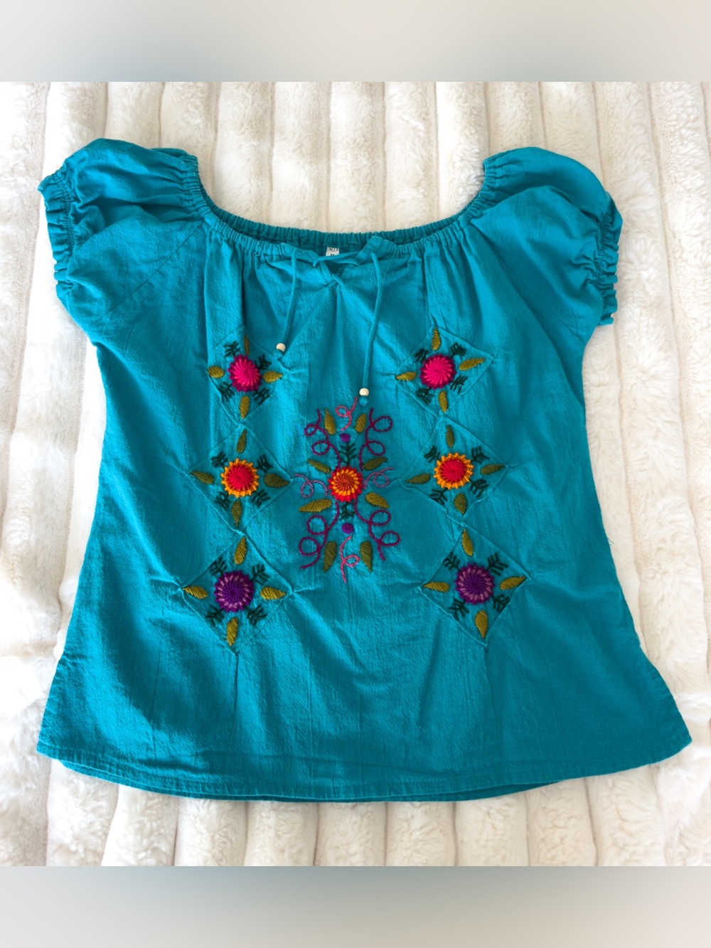 Turquoise Embroidered Peasant Top
